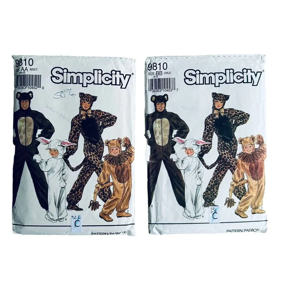 Two Family Halloween Sewing Patterns Simplicity 9810 Cat Bear Rabbit Lion 1990s